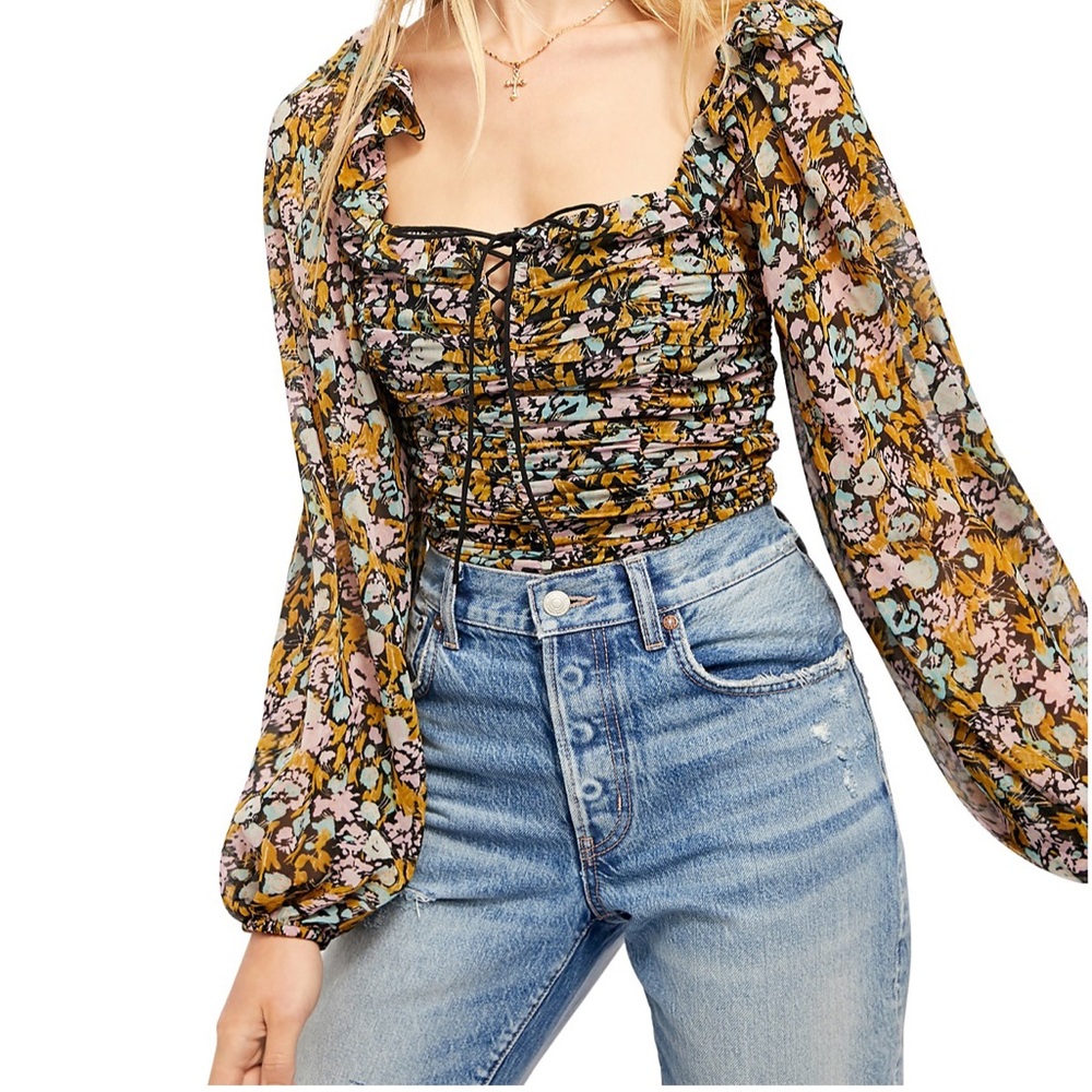 Free People Brown and Black Bishop Sleeve Blouse with Ruched Ruffled Tie Front